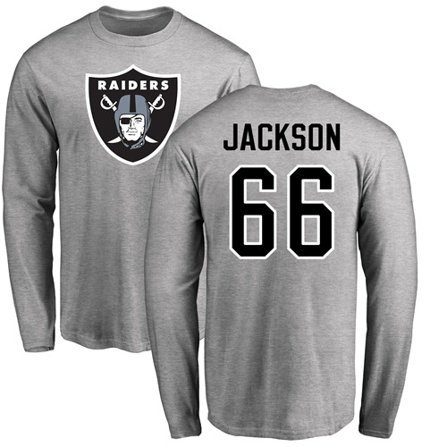Men Oakland Raiders Ash Gabe Jackson Name and Number Logo NFL Football #66 Long Sleeve T Shirt
